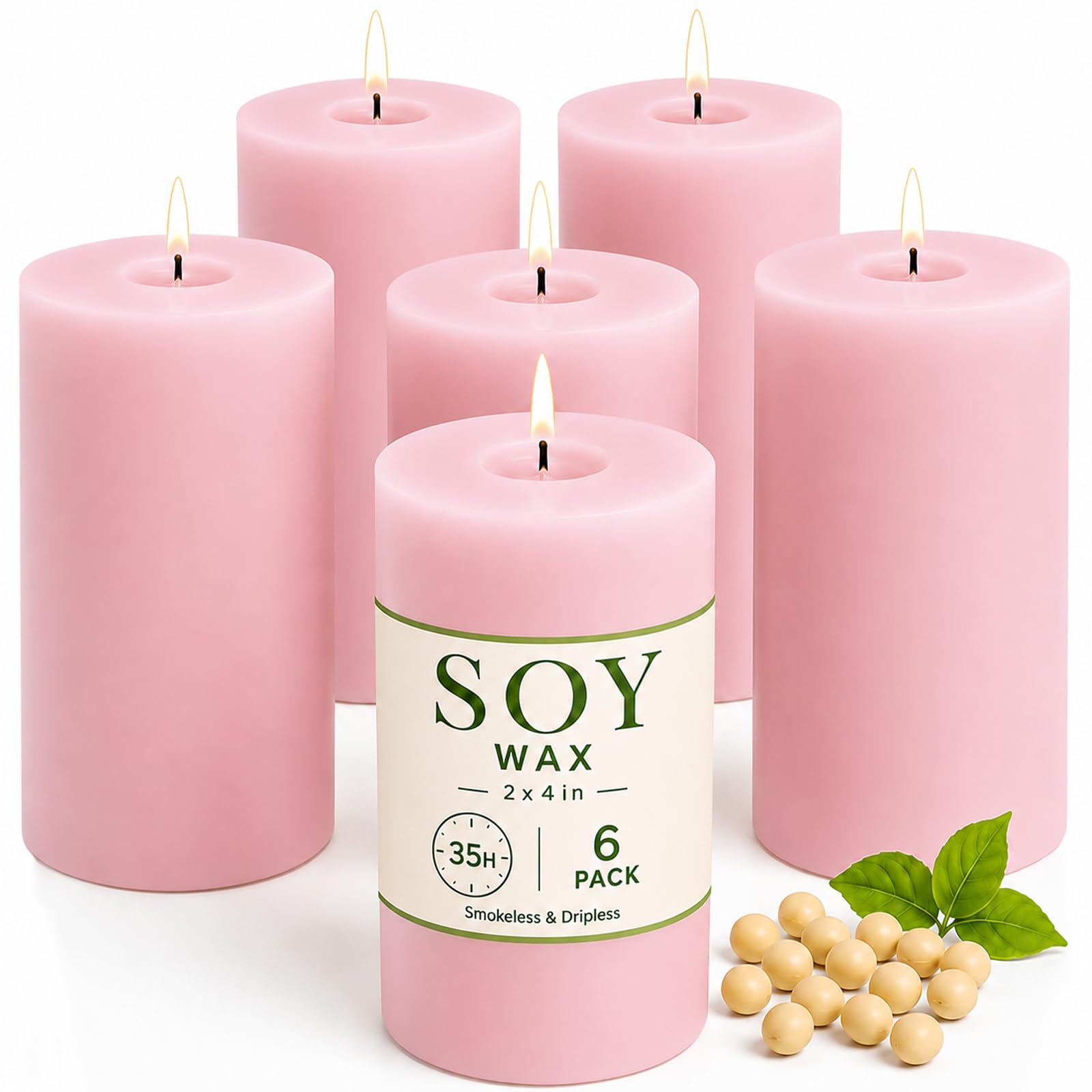 Soy Pillar Candles, 210 Hours Hand-Poured Pink Unscented Pillar Candles for Valentine's Day, Natural Soybean Candle for Home, Wedding, Smokeless & Dripless, Party, Dinner-2x4in-6pack