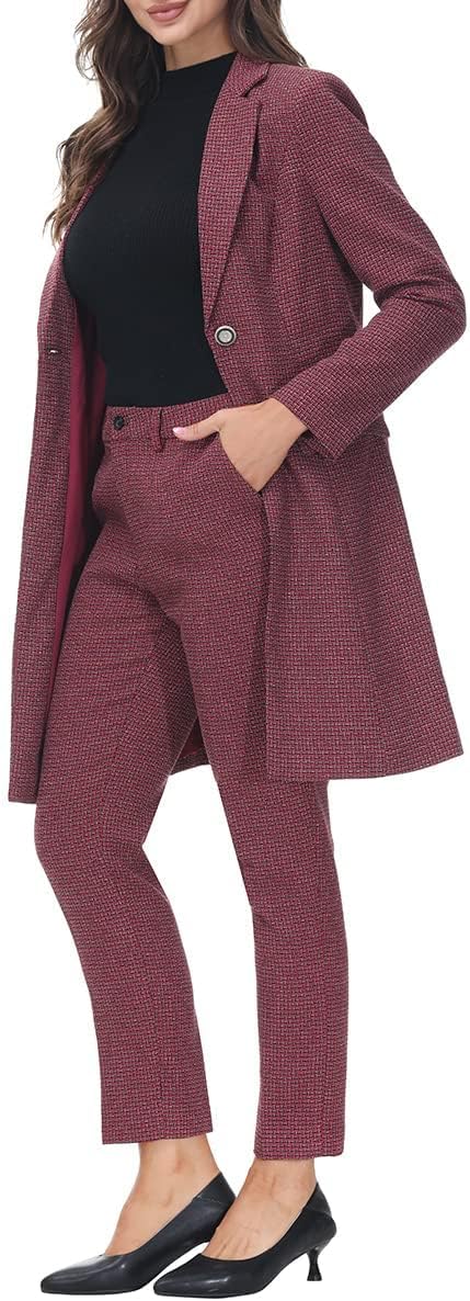 Women's Small Plaid Suit Long Jacket One Button Tuxedos Pants Two Pieces Set Wedding Formal Party