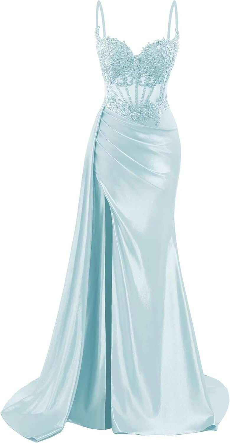 Spaghetti Strap Mermaid Prom Dresses for Women Lace Applique Long Silk Satin Formal Evening Gowns GR022