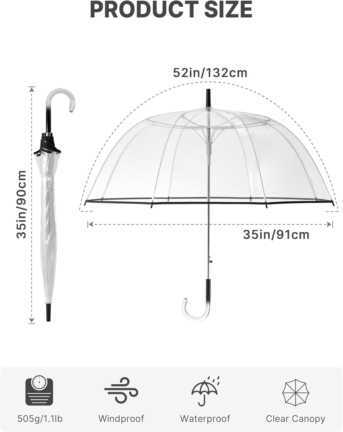 G4Free 52 inch Clear Bubble Umbrella, Large Canopy Transparent Dome Coverage Stick Umbrella, J Hook Handle European Style for Weddings,Prom,Graduation and Outdoor Events