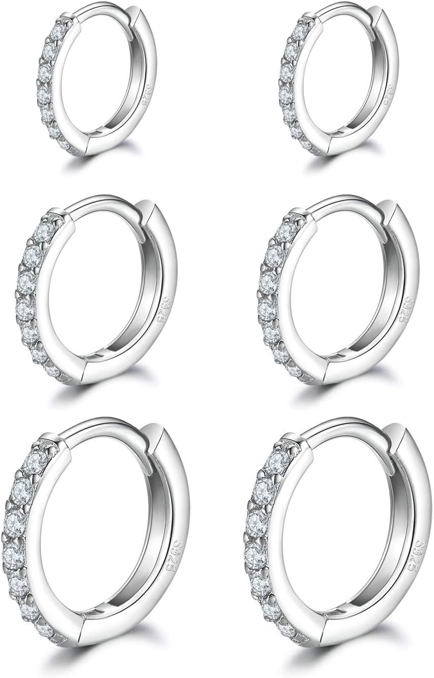 Hasnsofie Oorbellen van 3 sterling zilver, 925 paar, hypoallergeen, klein, zilveren creolen, oorringen, AAA-zirkonia, set in 10, 12 en 14 mm, Zilver Zirkonia, Zirkonia