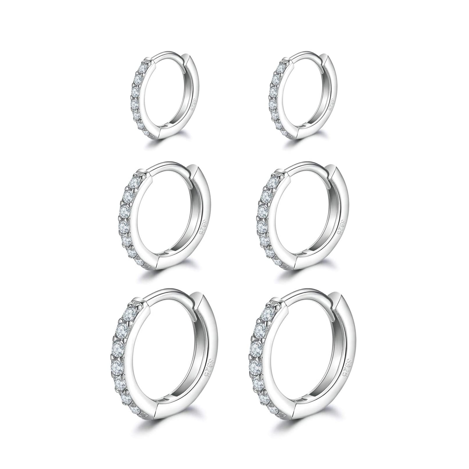 ilasif Pendientes De Aro De Plata Para Mujeres Hombres, 925 Plata de ley pendientes de aro pequeños con circonio cúbico, 3 pares pendientes de aro hipoalergénicos de plata regalo de cumpleaños