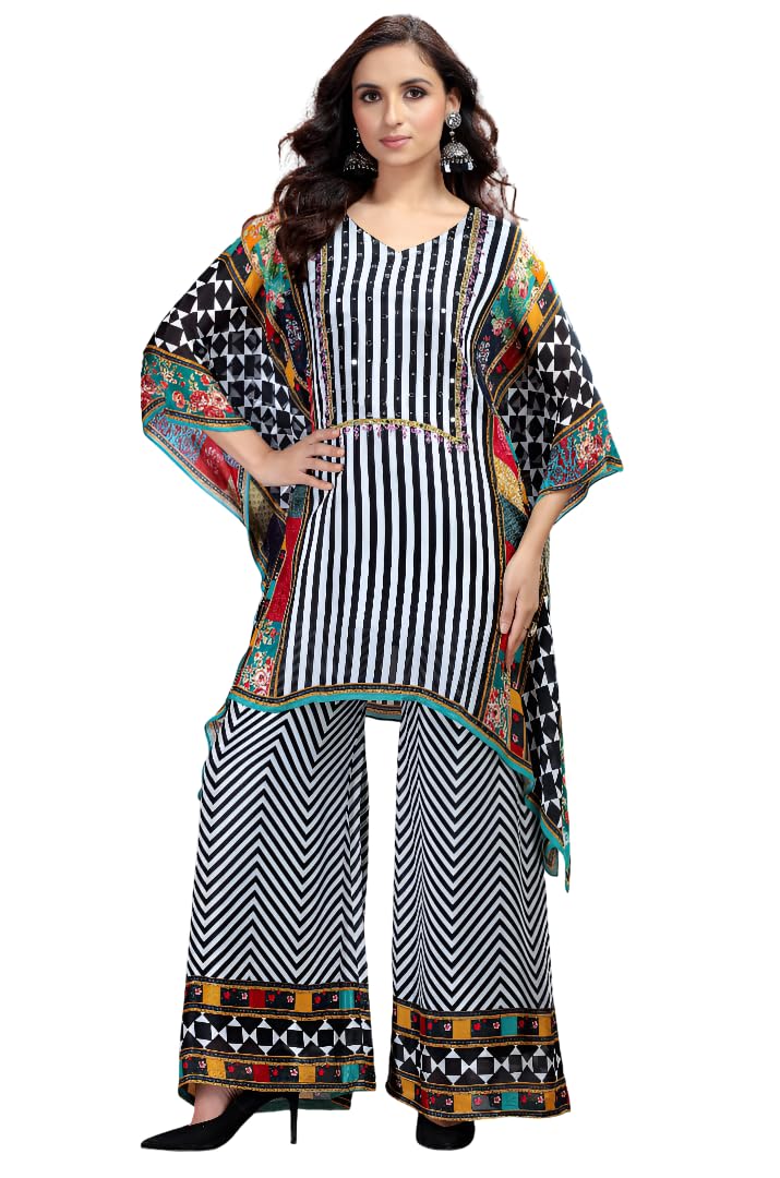 women's kaftan palazzo set, black and white striped print, geometric pattern, wide leg pants (white, 4xl)