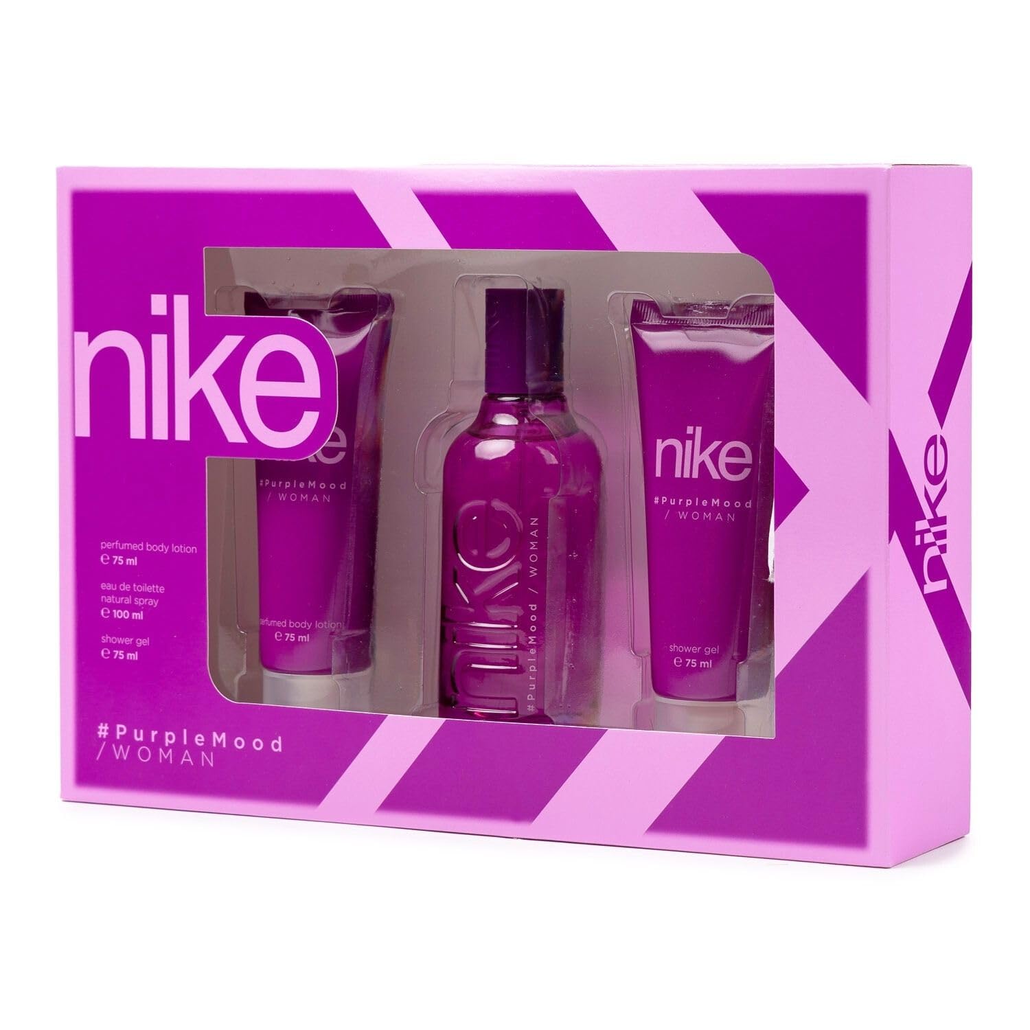 NIKE - Purple Mood, Estuche de Regalo Mujer, Colonia 100 ml + Gel de Baño 75 ml + Crema Corporal 75 ml, Eau de Toilette Natural y Femenina, Aroma Floral Gourmand, Fragancia Fresca, Dulce y Duradera