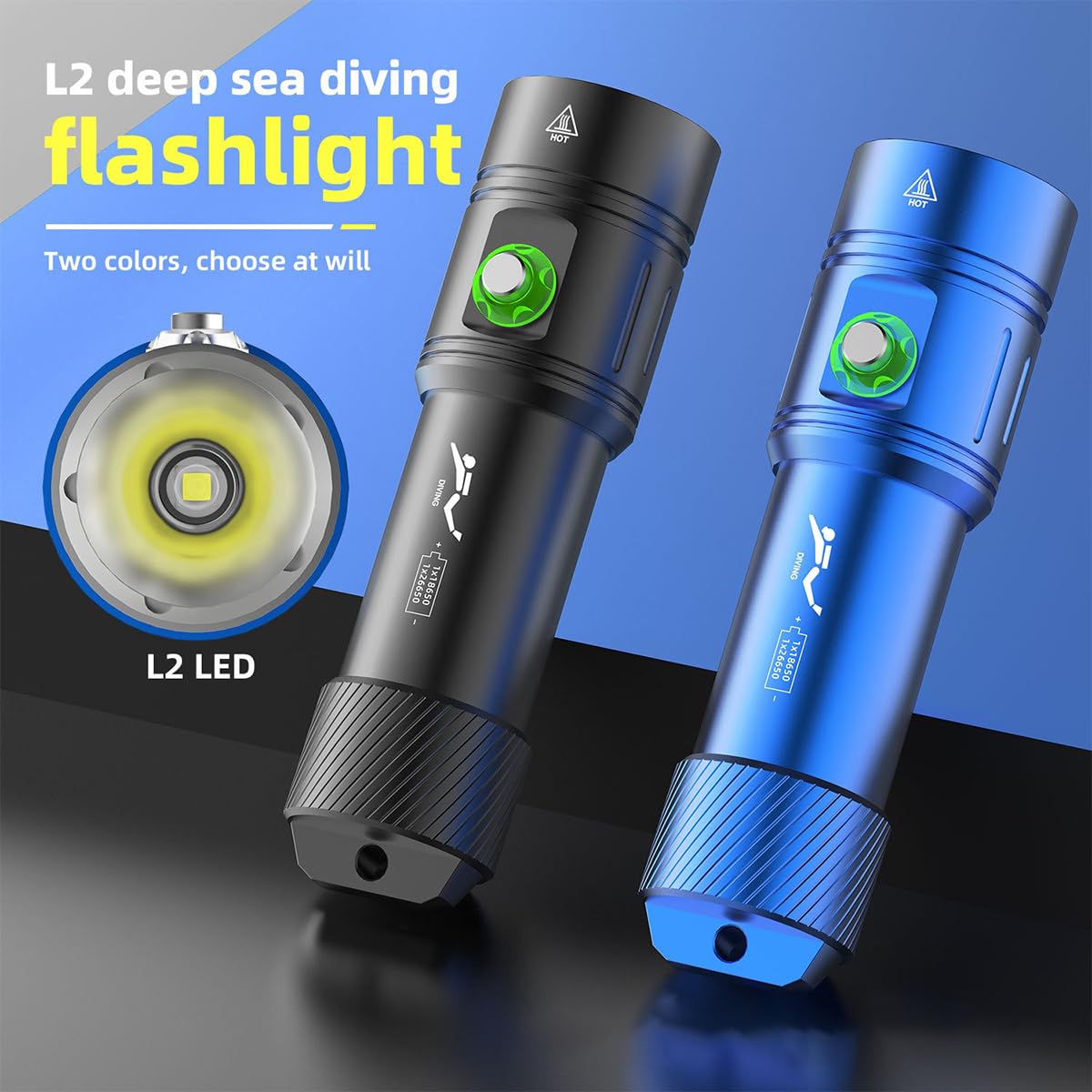Lampe de plongée sous-Marine en mer, Lampe de Poche de plongée avec Gradation Continue, Lampe de plongée sous-Marine étanche avec Batterie Rechargeable et Chargeur