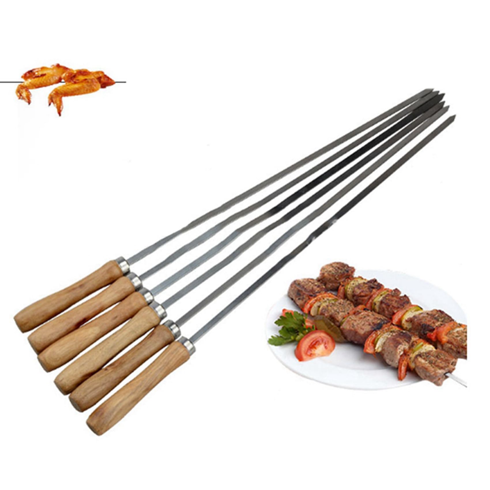 Kebab BBQ szpikulce ze stali nierdzewnej z drewnianymi uchwytami płaskie metalowe patyczki do szpikulca wielokrotnego użytku z woreczkiem do przechowywania 24