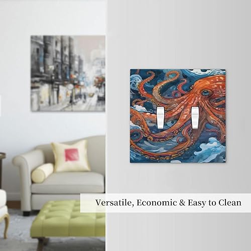 Miniatura 7 de Cubierta decorativa de interruptor de luz de doble palanca con diseño de pulpo rojo, monstruo y ola de mar azul, cubierta decorativa de placa de