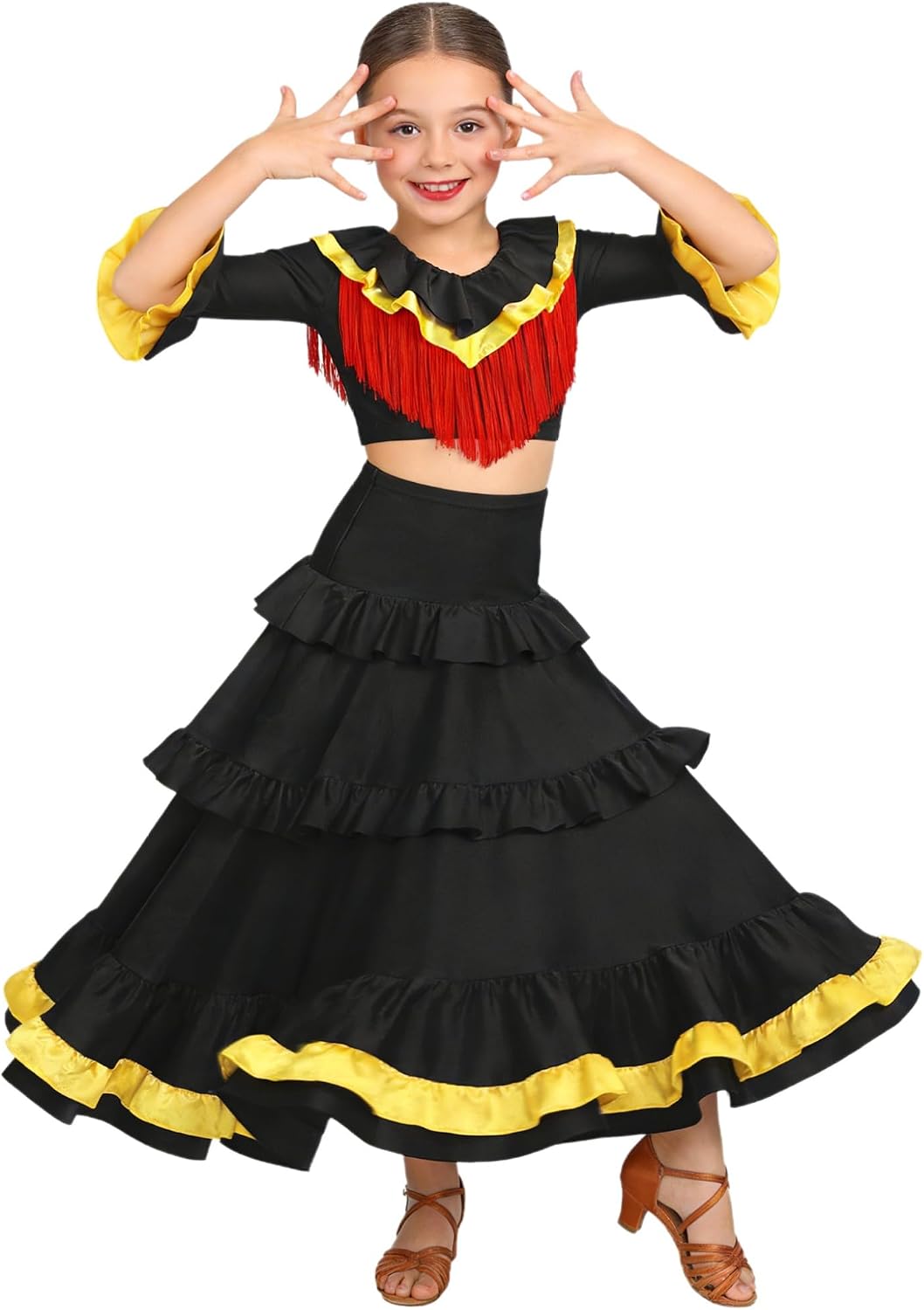 Kids Girls Flamenco Performance Outfit Spanish Dance V Neck Fringe Crop Top with Long Layered Ruffle Skirt Dancewear Black 12 Years