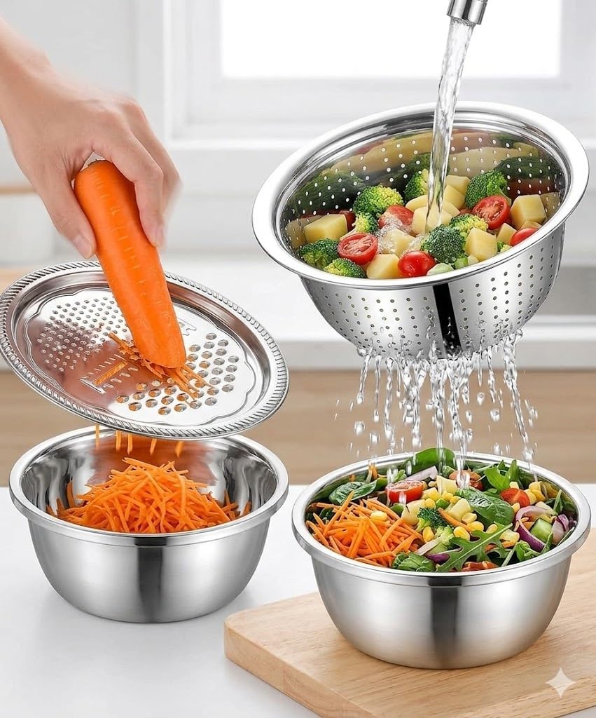 Round Bowl With Lid for Grading,Slicing,Then Spin,German Quality 3-In-1 Stainless Steel Grater Bowl,Fast Prep Slicer Bowl for Kitchen,Salad,Vegetable (11.02in/28cm)
