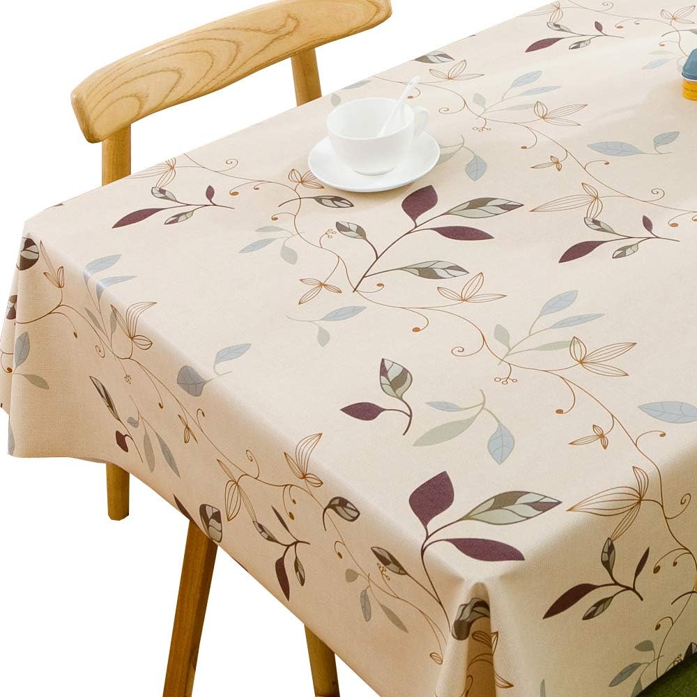 TruDelve Heavy Duty Vinyl Tablecloth Beige Plastic Table Cloth Waterproof Wipeable Oilcloth Tablecloth for Square Table (54'' x 54'', Leaves Beige)