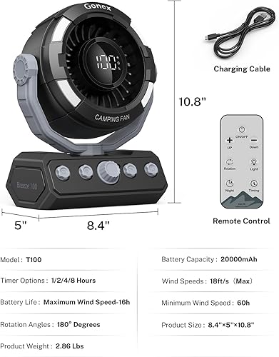 Miniatura 7 de Gonex Ventilador de campamento, ventilador portátil de tienda de campaña recargable de 20000 mAh, ventilador de escritorio de control de velocidad
