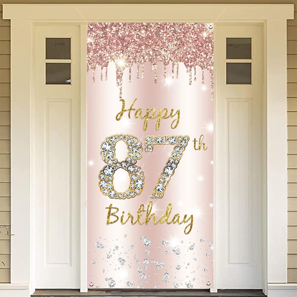 87. urodziny dekoracja dla kobiet, Happy 87th Birthday Door Banner różowe złoto, 87. urodziny tkanina tabliczka plakat dekoracja drzwi, 87. urodziny tło, baner damski, przyjęcie urodzinowe tabliczka