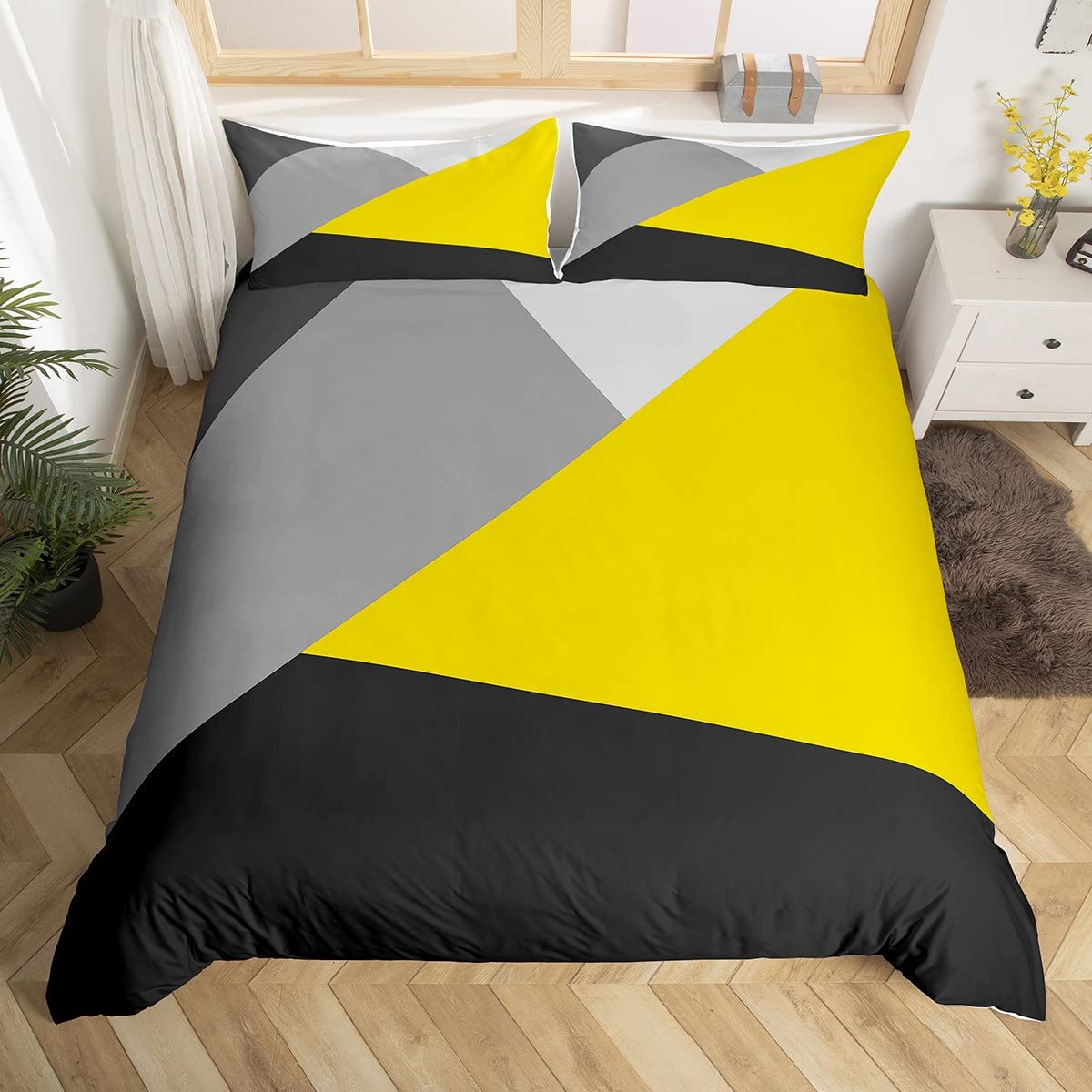 Homewish Yellow Grey Black Duvet Cover Set with 2 Pillowcases - Double Size, 100% Soft & Breathable Polyester, Zip Closure - Geometric Triangle Bedding - Modern Simple Pattern with Black Reverse