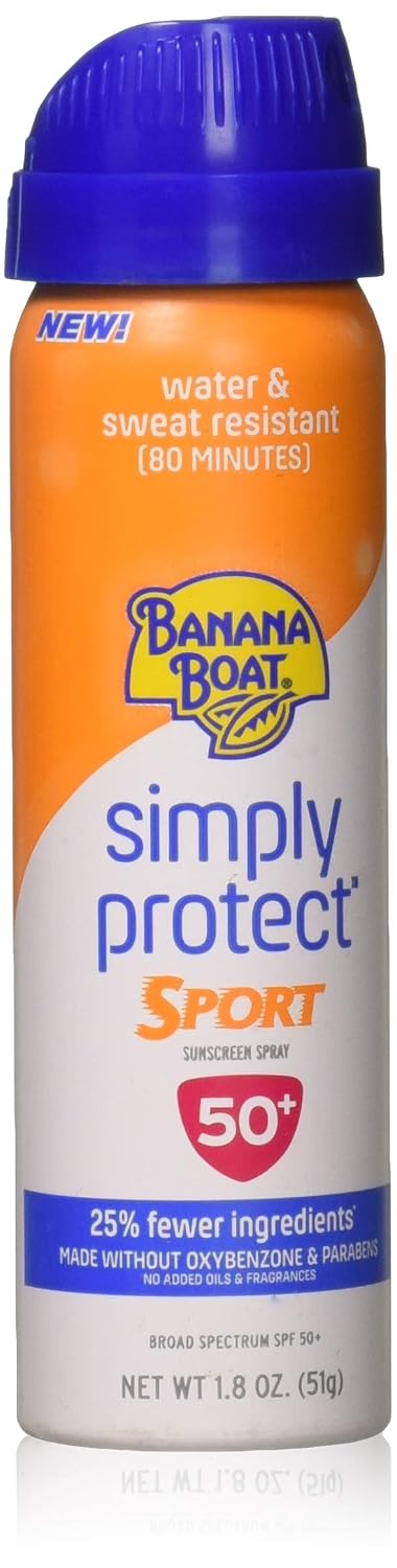 Banana Boat Sunscreen Simply Protect Sport Broad Spectrum Mineral Sunscreen Spray, TSA Approved Size, SPF 50+, 1.8 Ounce