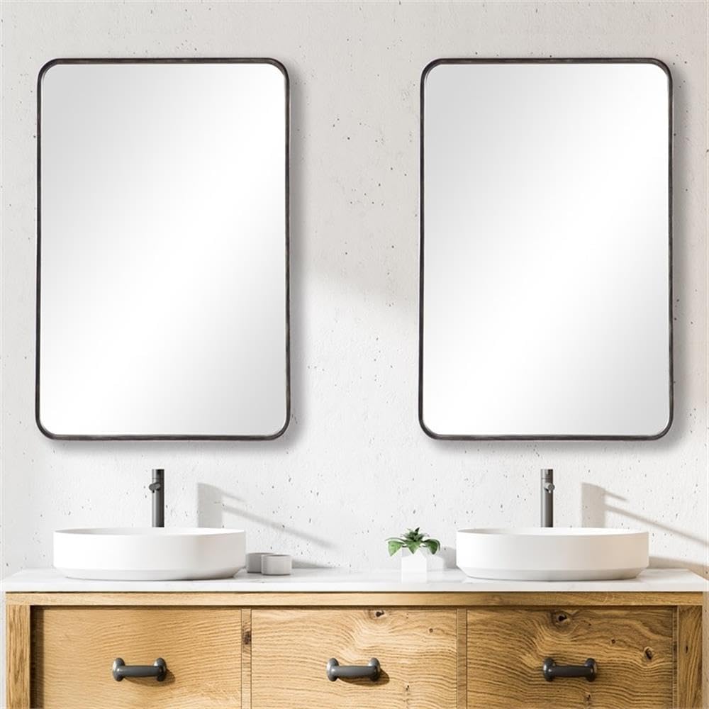 BOWERY HILL Contemporary Accent Mirror, 36.125 in H x 23.875 in W, MDF and Iron Metal Frame, Dark Bronze Finish with Gold Highlights, Modern Industrial Design for Living Room, Bedroom or Entryway