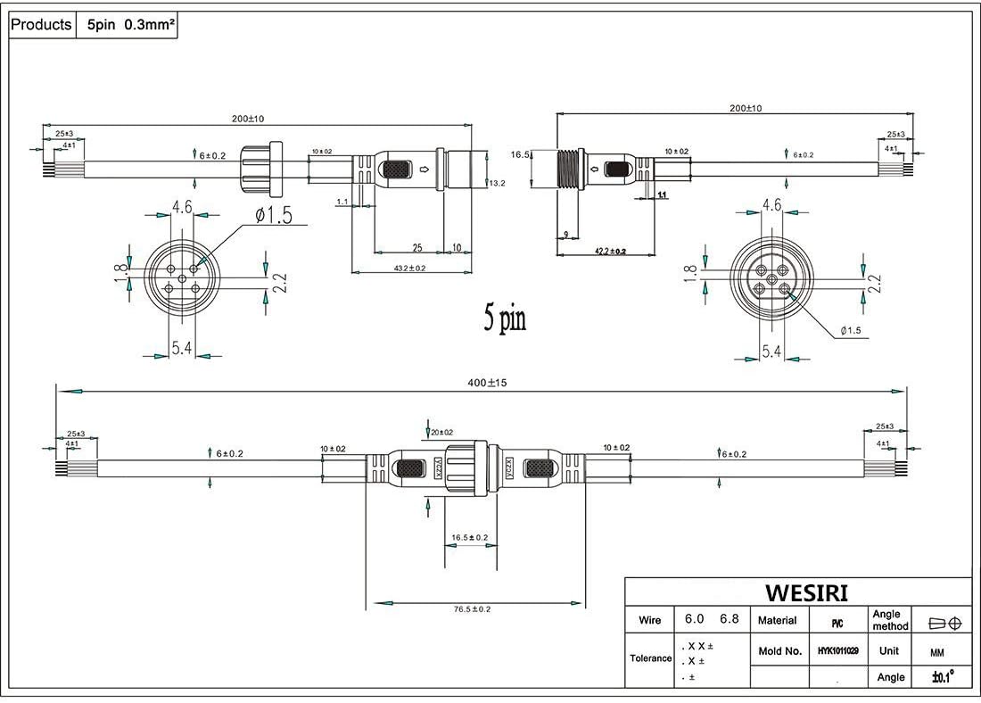 5Pairs 5pin Black Electrical Connector LED Connector for LED Lights 20cm Extension Cable 40cm/Pair 0.3mm² 22mm Nut