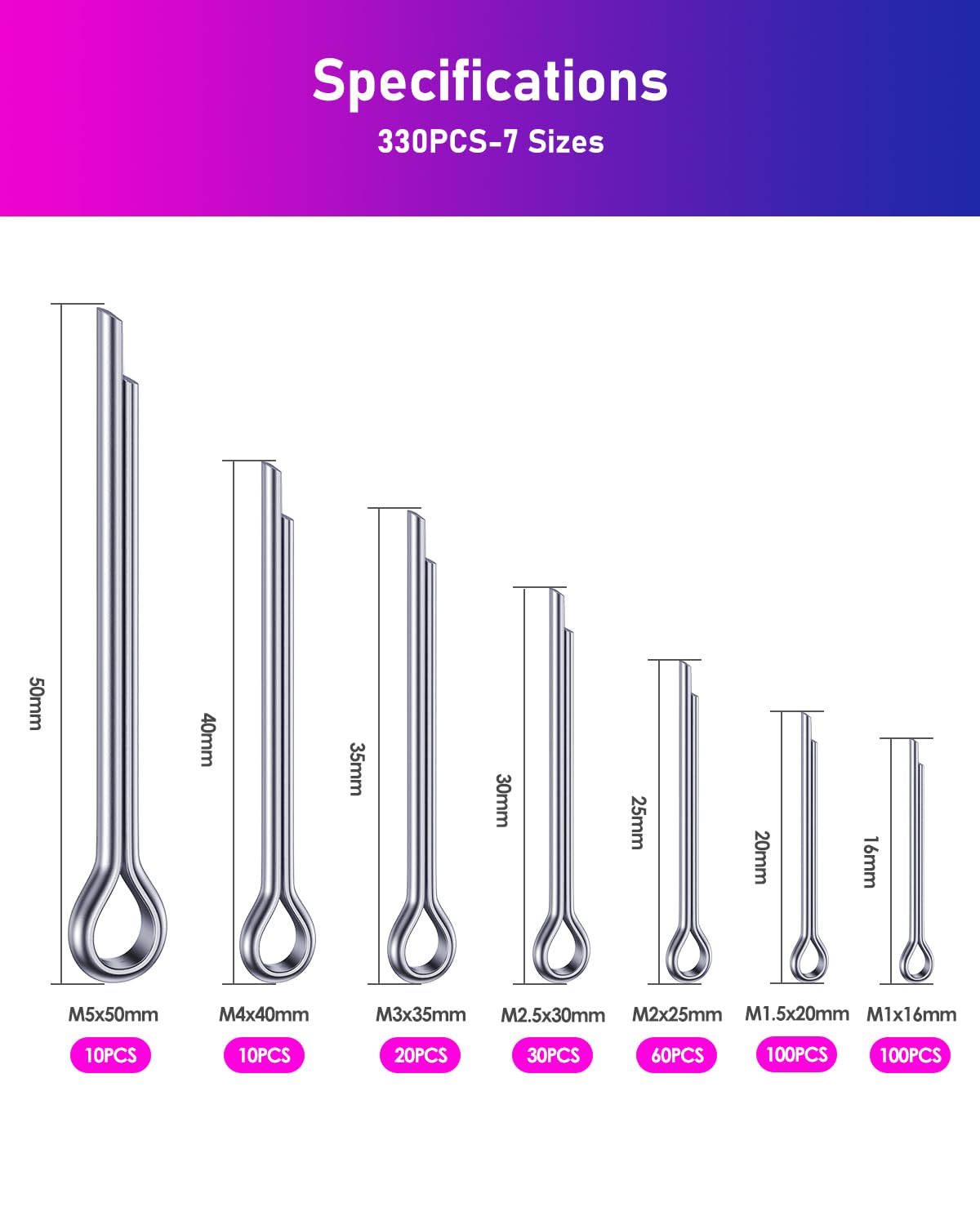 Set di 330 splinte in acciaio inox, 7 misure, M1/M1.5/M2/M2.5/M3/M4/M5, 304 in acciaio inox per auto, meccanica, riparazione navale