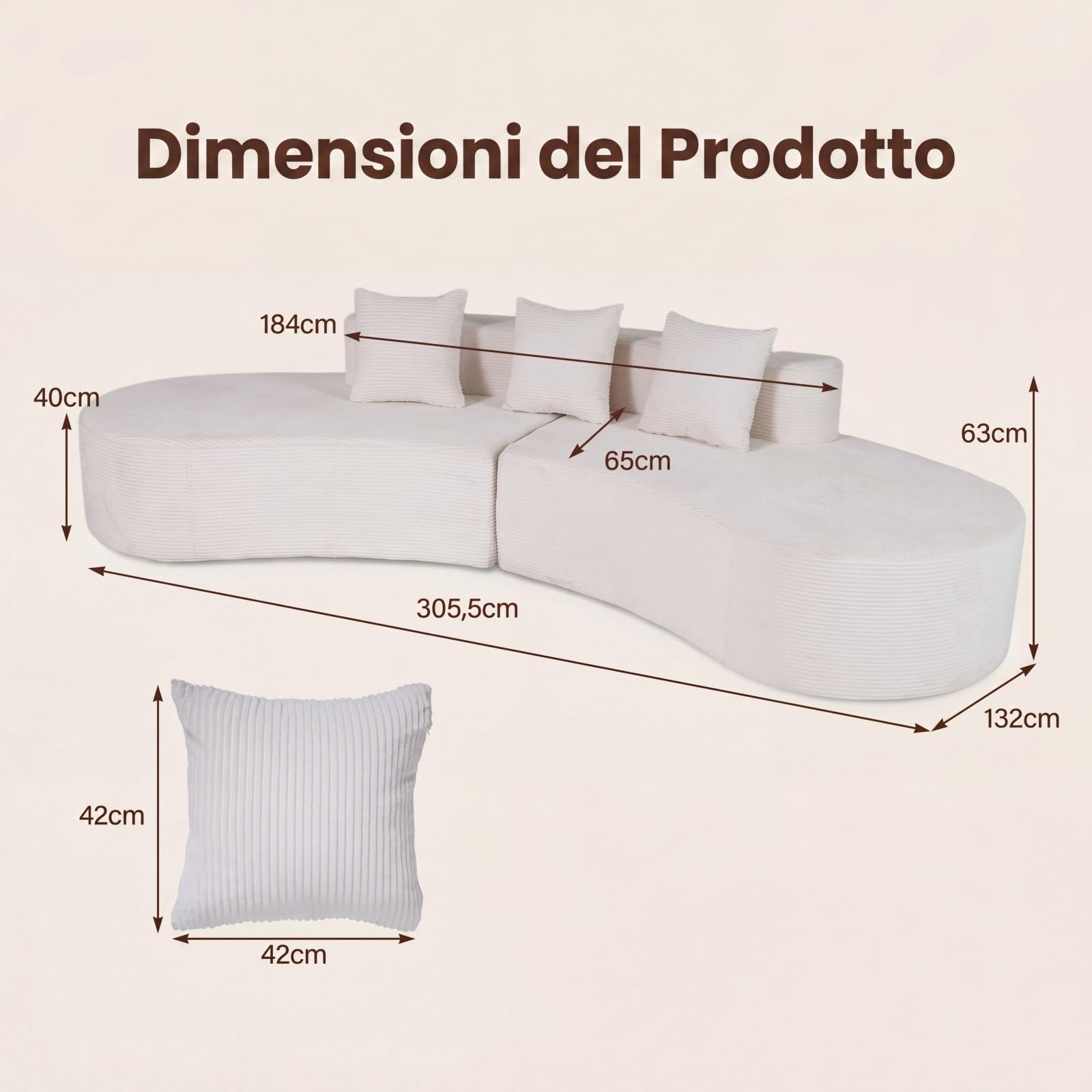 COSTWAY Divano Modulare 5 Posti, Divano Curvo in Velluto a Costa con 3 Cuscini e Schiuma ad Alta Elasticità, Divanetto da Pavimento Imbottito per Soggiorno e Camera da Letto, 305,5 x 132 x 63 cm