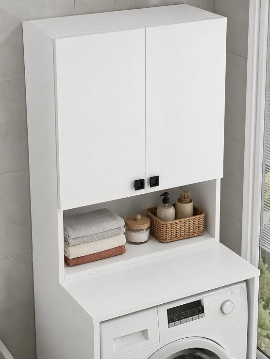 SUSA Çamaşır Makinesi Üst Dolabı | Çok Amaçlı Banyo ve Çamaşır Odası Düzenleyici | Raflı Kapaklı Depolama Dolabı