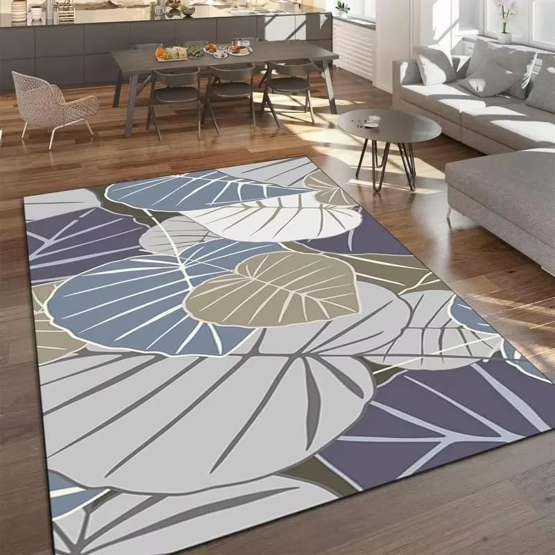 Tapis géométrique bleu-gris motif floral feuilles vigne salon 70x120