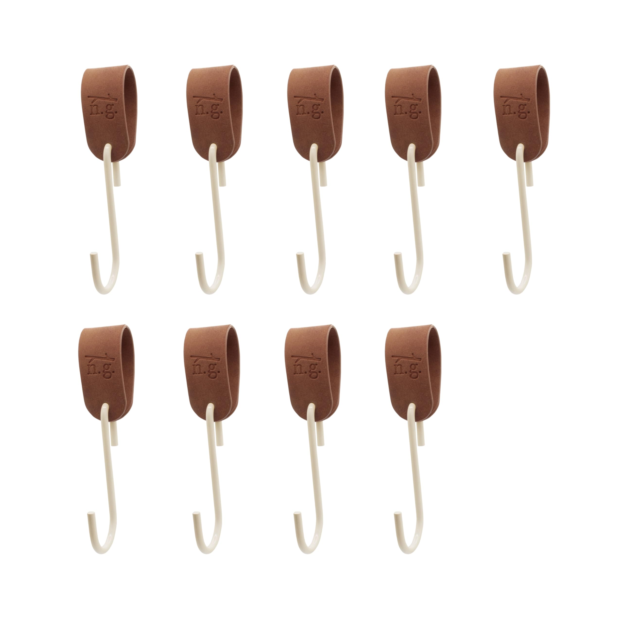Gancio appendiabiti GARD con gancio a S | Passante in pelle PU vegana | Cinturino in pelle sintetica decorativo per aste di guardaroba, appendiabiti, cinghie in pelle (nastro marrone/gancio beige, set