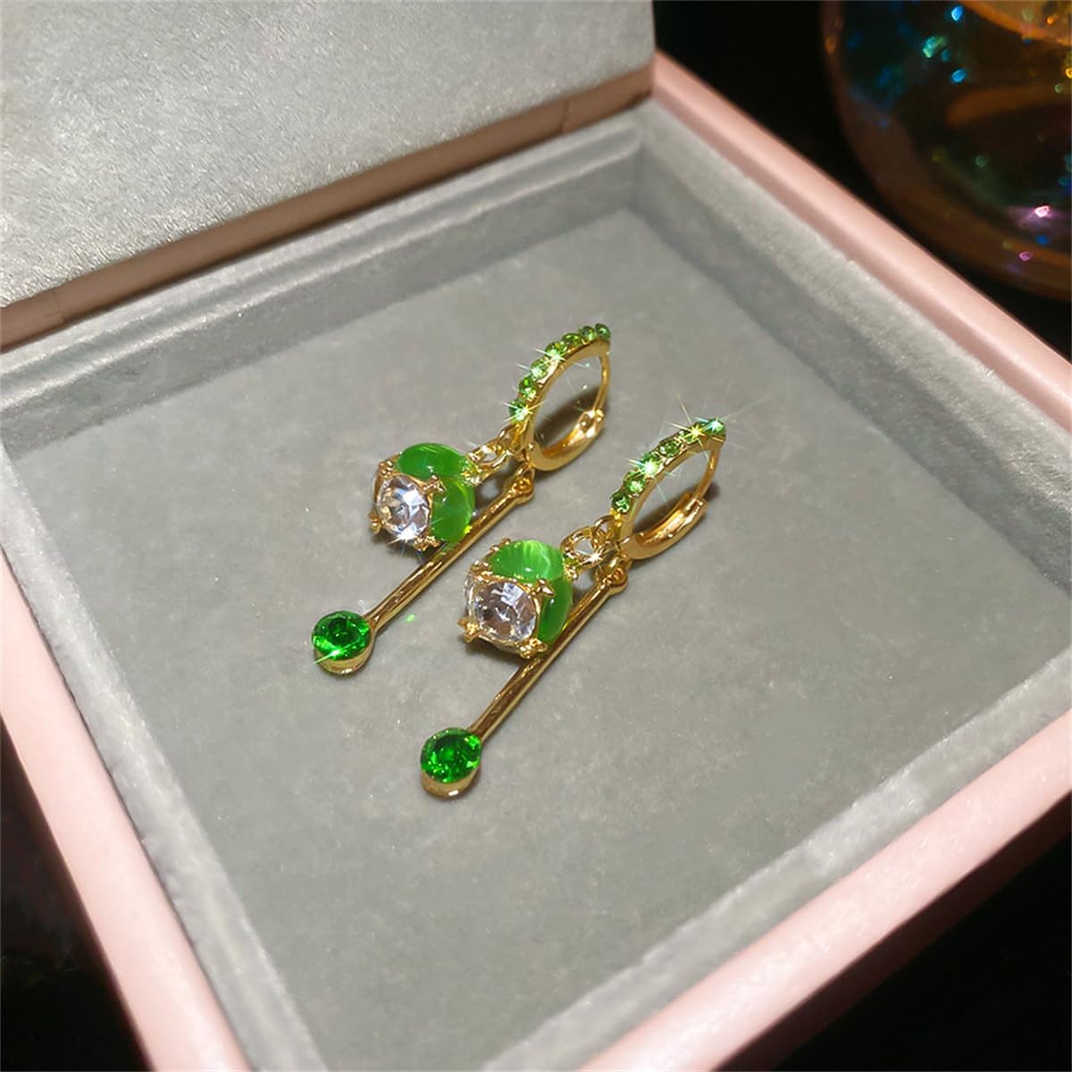 CZ Bar Tassel Drop Dangle Hoop Earrings for Women Gold-Toned Green Round Opal Cat's Eye Earring Geometric Dangling Hoops Delicate Jewelry for Christmas - Image 5