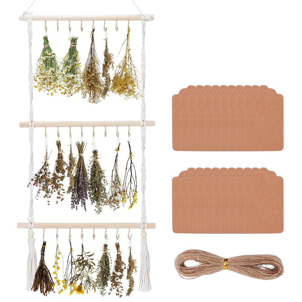 FREEBLOSS 3-Tier Herb Drying Rack with 100pcs Hanging Tags and Twine, Decorative Plant Hanger Herb Dryer Rack for Spices Weed Flowers - Gift for Crafters (Included 30pcs Hooks)