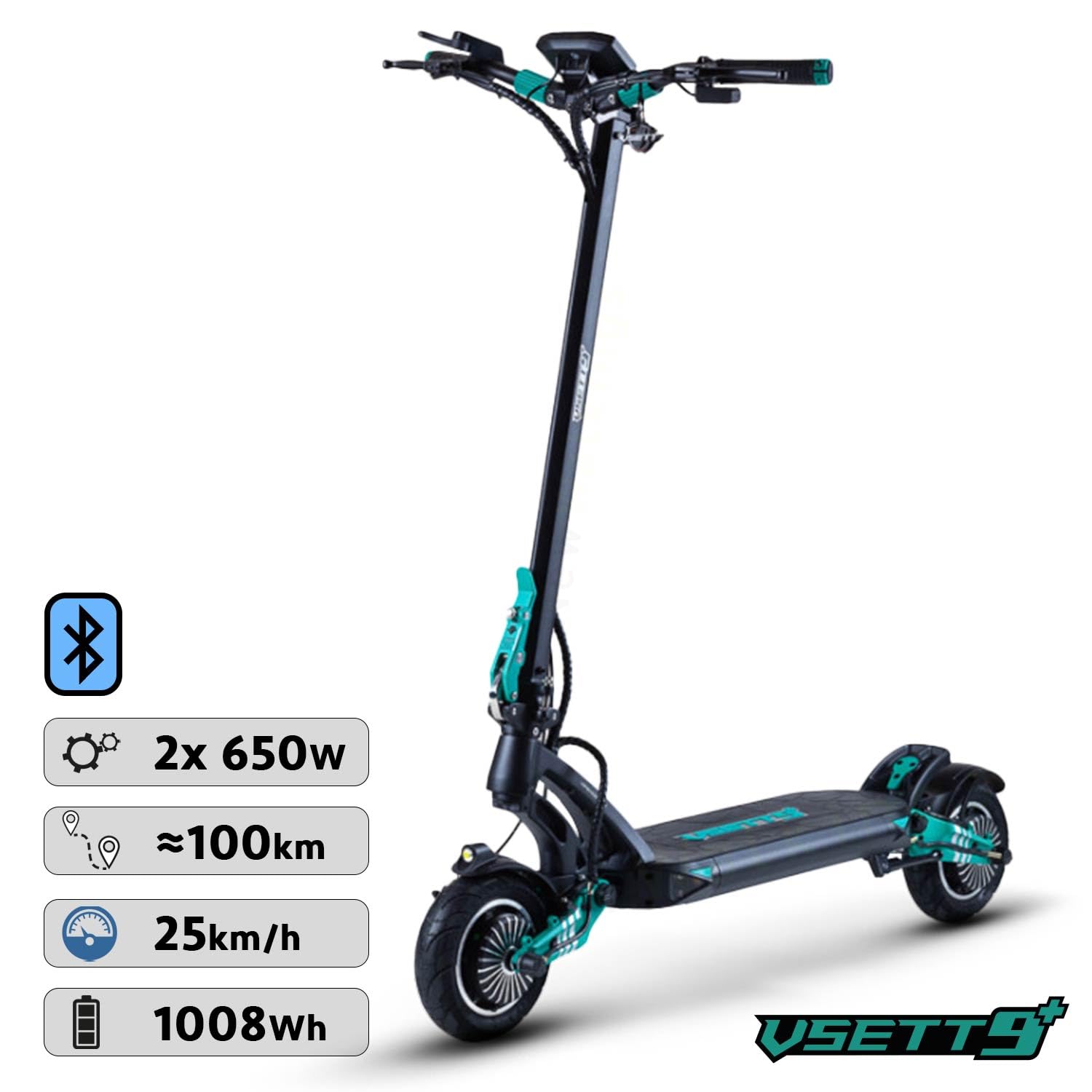 VSETT Trottinette Électrique 9 Plus Pro, 2 Moteurs 650W, Autonomie jusqu'à 100 km, 25 KM/H, Écran LED 5,5", Tout Terrain
