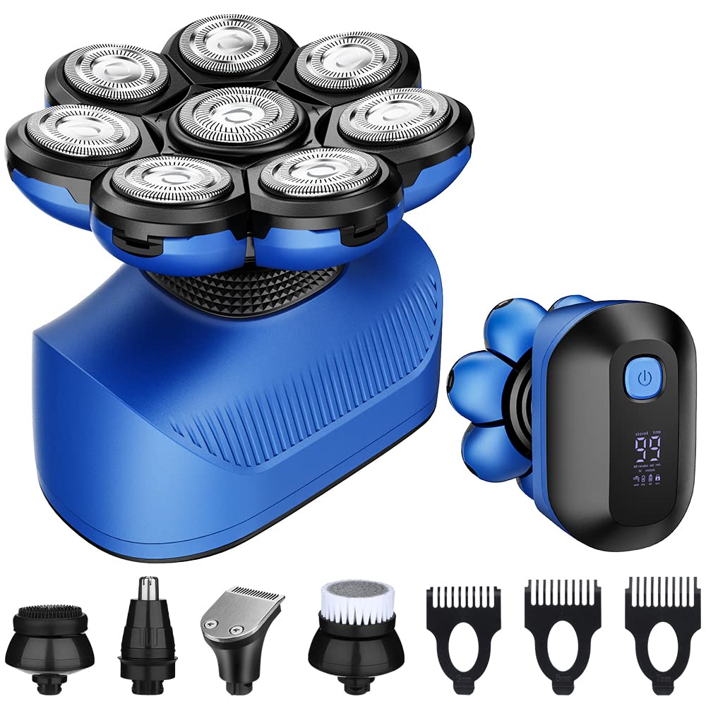 Electric razor for Men 8D Upgrade 180 Mins Head Shavers for Bald Men Wet Dry Waterproof Rechargeable head razor with Clipper Nose Trimmer Brush Massager Waterproof Anti-Pinch LED Display (Blue)