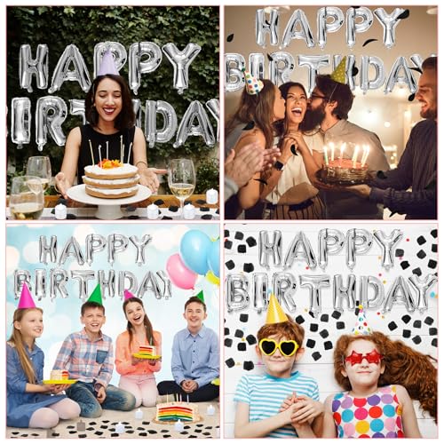 Image of Black and Silver Happy Birthday Balloons Decorations Happy Birthday Letter Balloons Banner with 24pcs Flameless LED Candles and 2000pcs Artificial Rose Petals for Women Men Room Party Decor