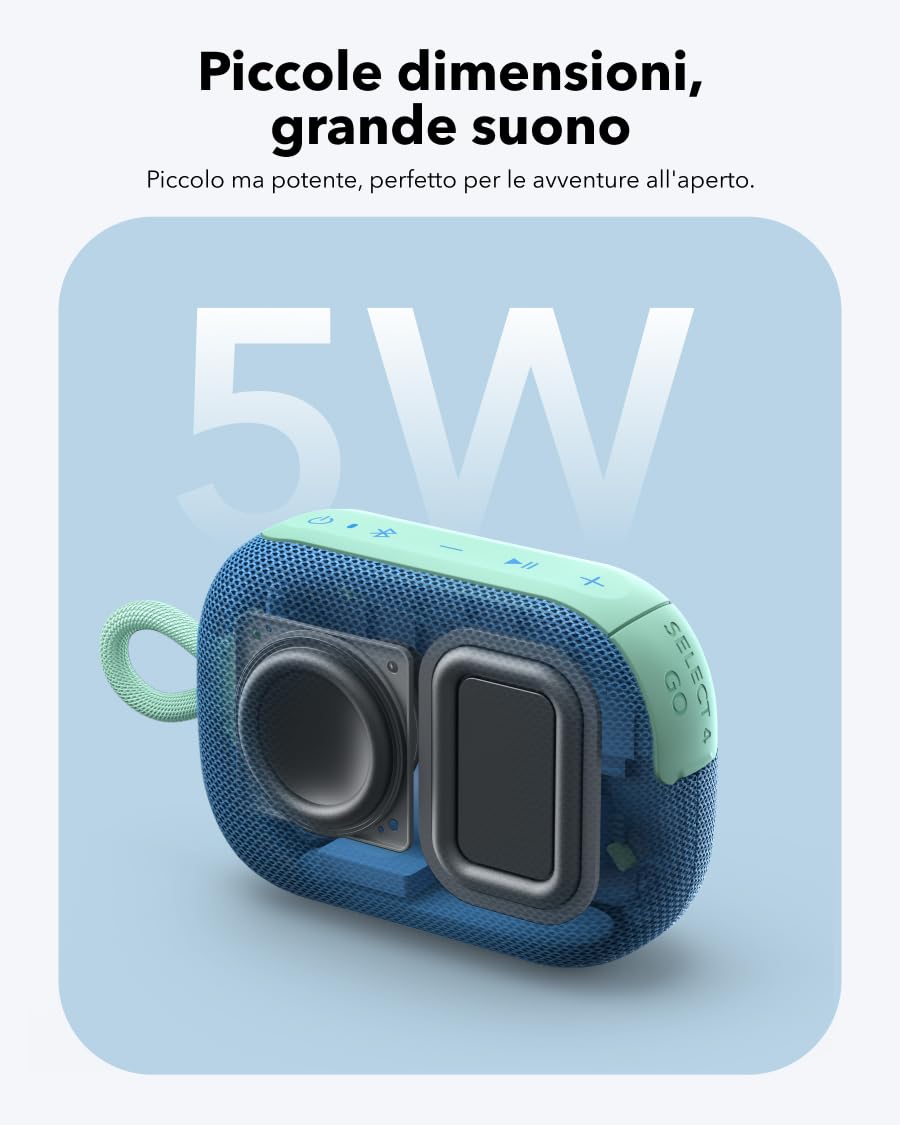 Soundcore Select 4 Go cassa bluetooth ultra portatile, suono potente da 5W,fino a 20 ore di riproduzione, IP67, mini cassa bluetooth, galleggiante, ideale per escursioni