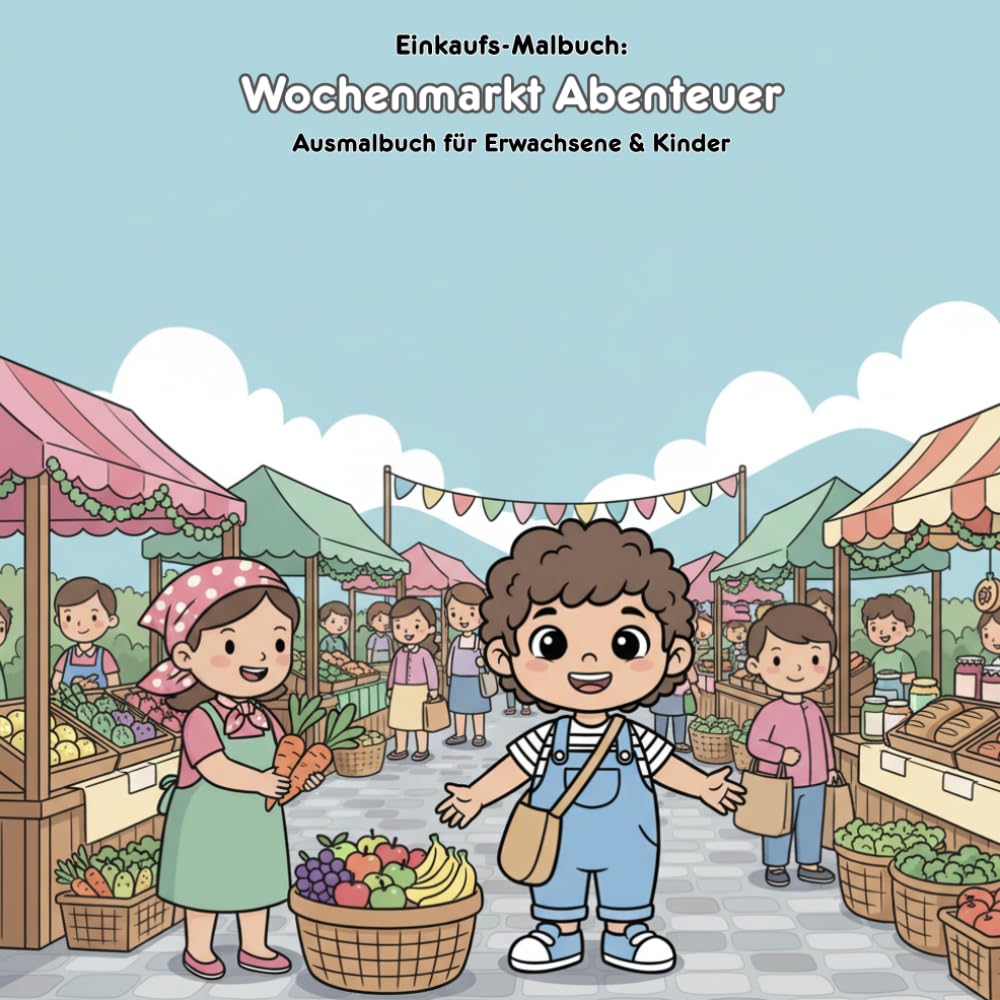 Wochenmarkt Abenteuer: Geschichte & Malbuch: Für Erwachsene & Kinder | 36 Ausmalbilder | 21.59 x 21.59 cm | Große Motive für kleine Künstler