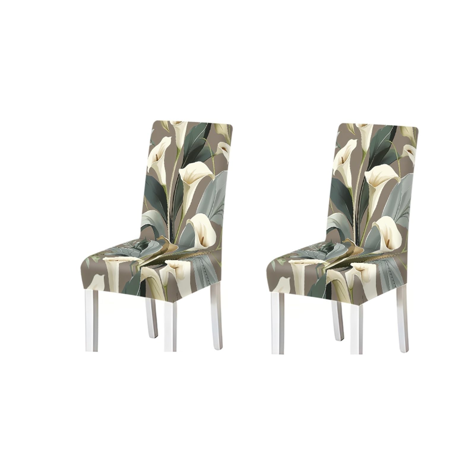 BOSUYBN Taupe White Calla Lily Floral Print Dining Chair Covers, Stretch Slipcovers For Home Kitchen Dining Room Party, 2/4/6PCS Furniture Protectors for Home Dining Room(2PCS Chair cover)