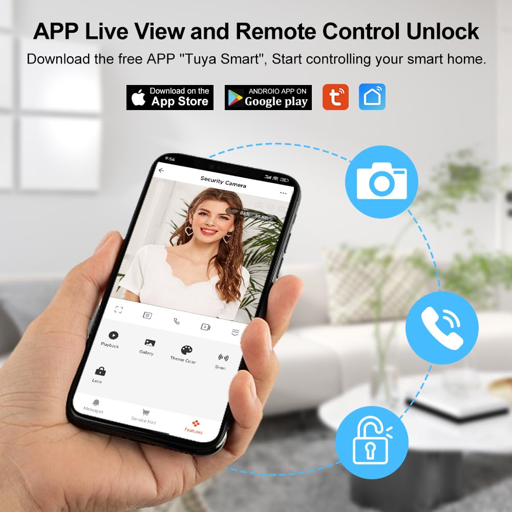 Videoportero WiFi 4 Hilos 1080P HD Timbre con Cámara Sistema de Intercomunicación con 7" Monitor Visión Nocturna Tuya App Desbloqueo Remoto