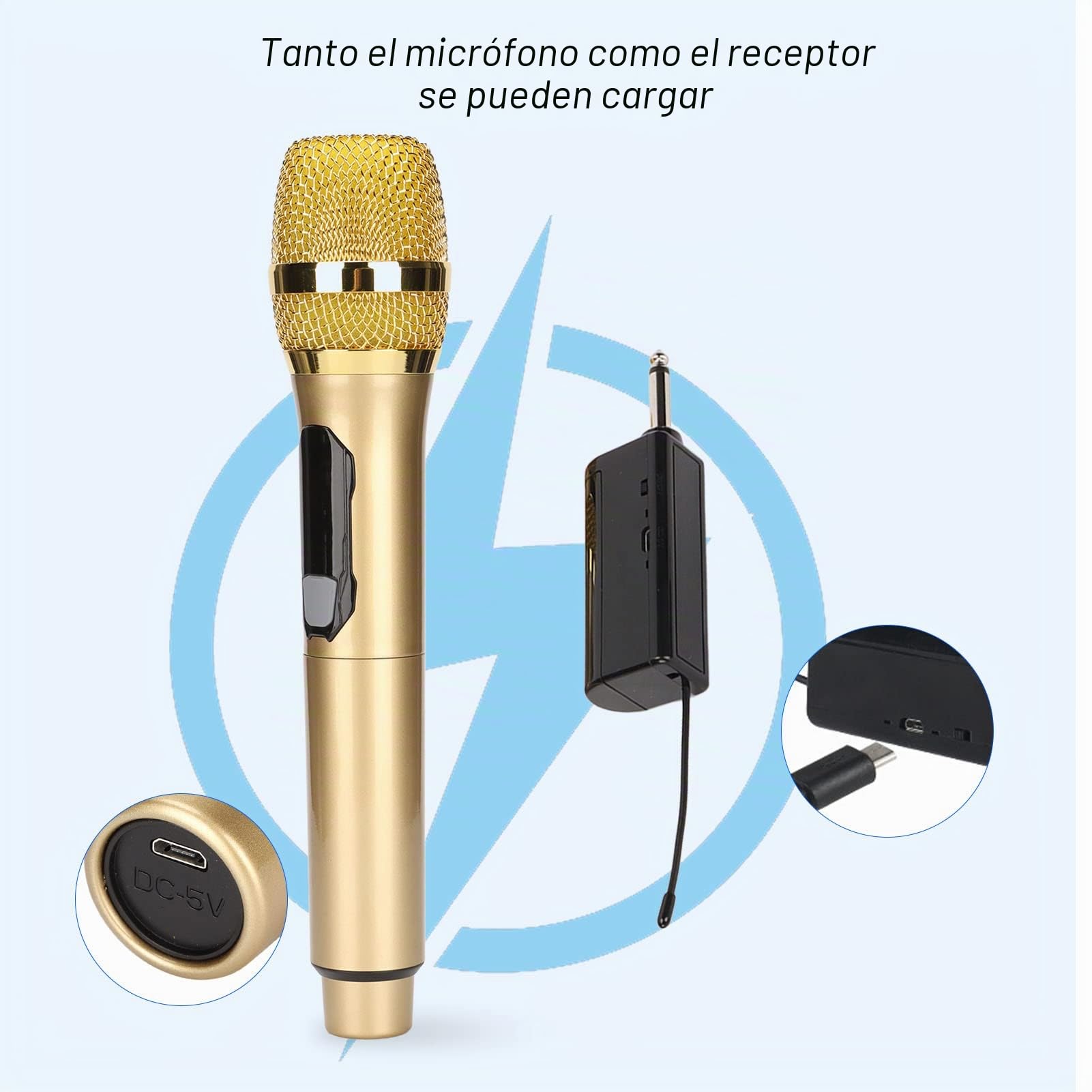 Goshyda Micrófono Inalámbrico, de Micrófono de Mano Inalámbrico Bluetooth Karaoke, con Pantalla LED Inteligente, Señal Estable, para Conferencias en el Hogar Al Aire Libre, para Teléfono(Oro)