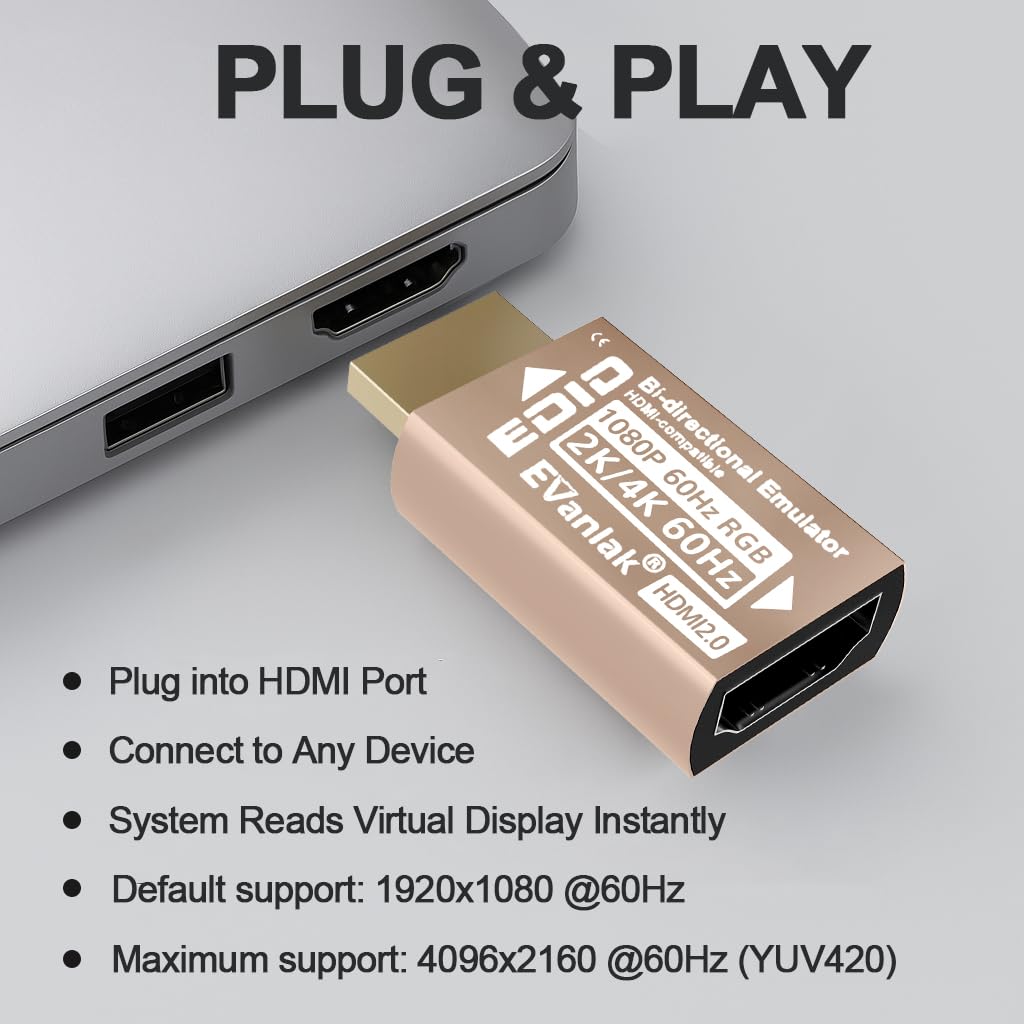 EVanlak Adaptador de emulador HDMI EDID, enchufe simulado, pantalla virtual sin cabeza, paso HDMI 1080P @60Hz a 4K @60Hz, bidireccional, dorado -1P