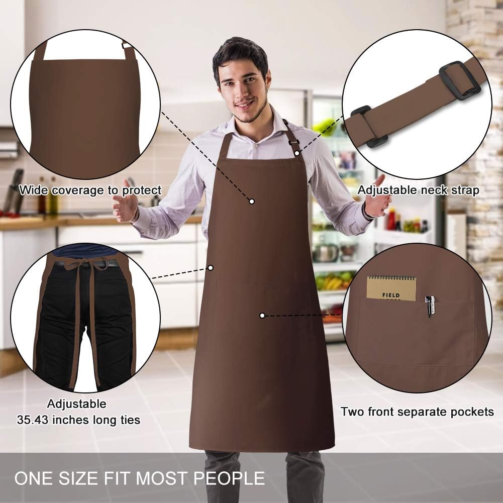 Brown Polyester Adjustable Bib Aprons with Pockets, Set of 2
