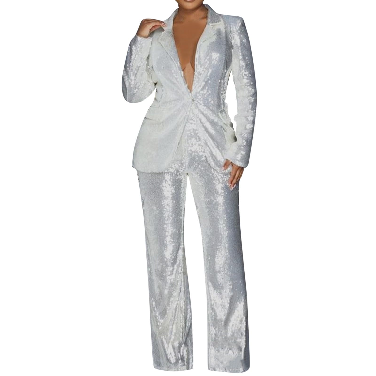 Nieuwe 2024 Damespakken Set Pailletten 2-delige Broek Set Notch-revers Slim Fit Formele Suits Dames Smoking Pak Pailletten Sets Modieuze Broek Pakken voor Vrouwen, Zwart, XL