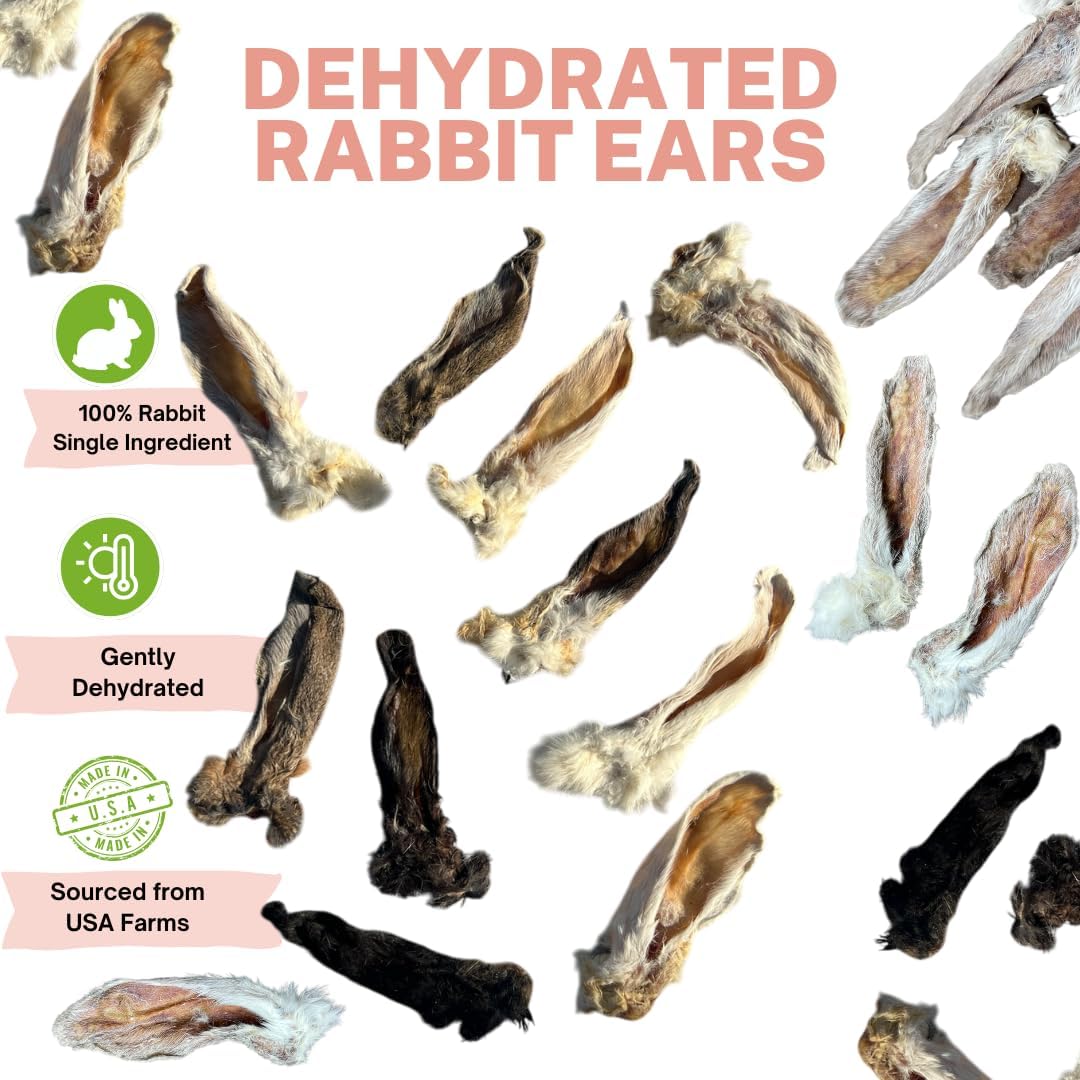 Dehydrated Rabbit Ears for Dogs & Cats - Single Ingredient Dog Treats - USA Sourced Whole Rabbit Ears with Fur for Dogs - Rawhide Alternative - Made in USA (12 Count)