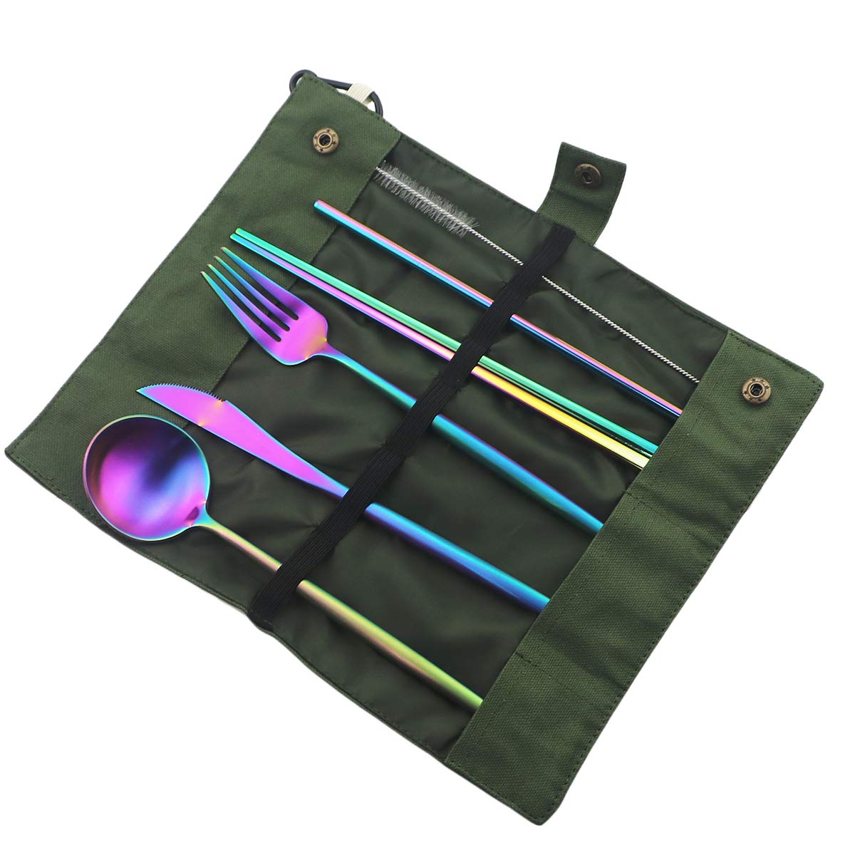Gugrida Luxury Rainbow Matte Portable Utensils Set, Travel Silverware Set with Case and Straight Straw, Knife, Fork, Spoon, Chopsticks, Cleaning Brush, 7 Piece 18/10 Stainless Steel Flatware set