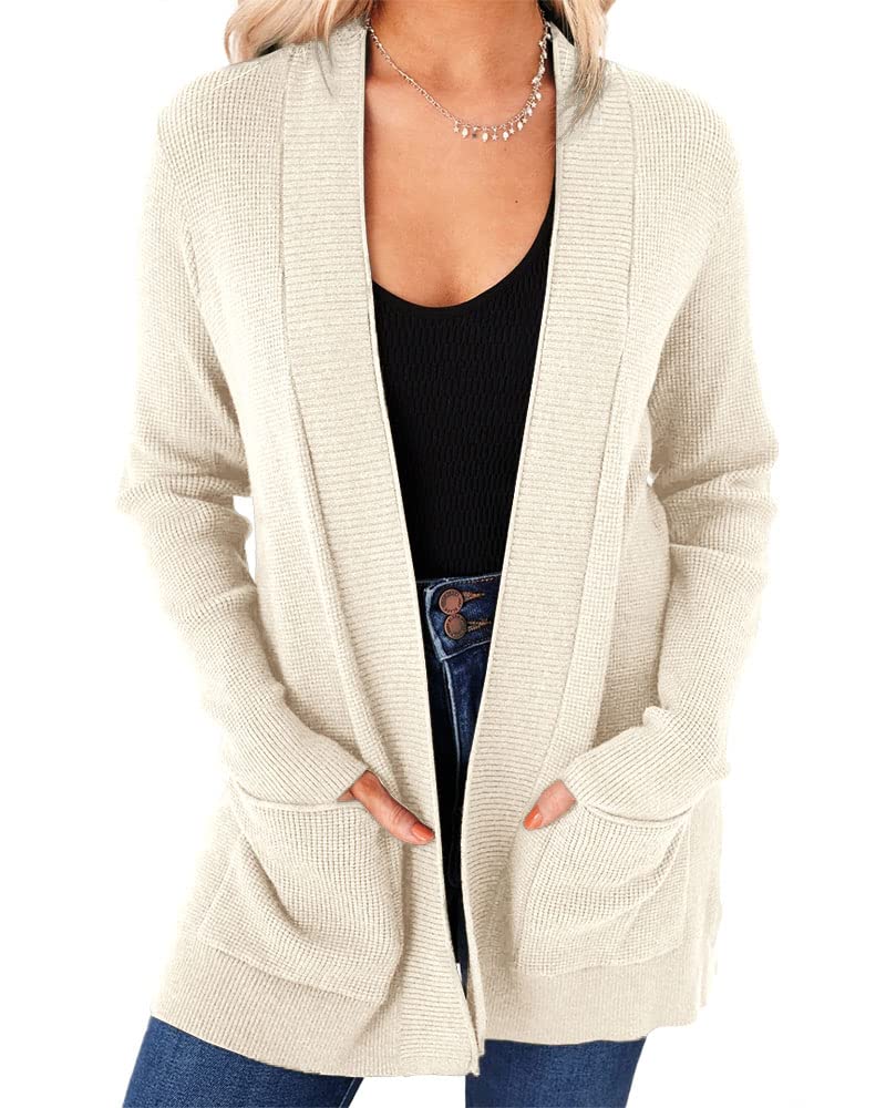 Rolmama Womens Open Front Cardigans Lightweight Long Sleeve Casual Soft Drape Fall Knit Sweater Beige