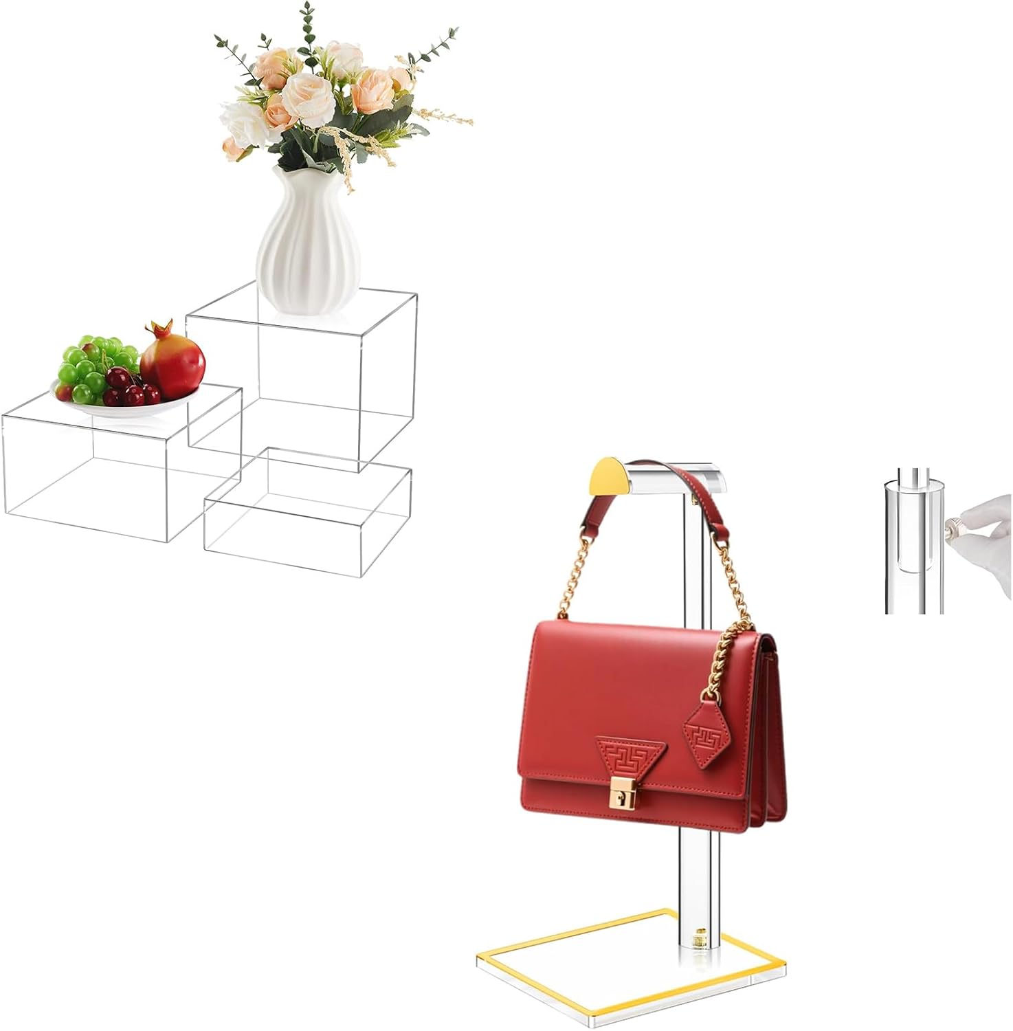 2-in-1 Clear Acrylic Display Set: 3pc Hollow Risers & Adjustable Gold Purse Holder for Handbag, Jewelry, Retail Decor