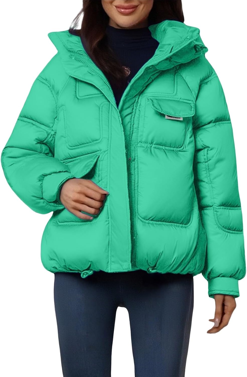 Womens Winter Cropped Puffer Jacket Puffy Warm Winter Coat Casual Loose Full Zip Stand Collar Quilted Jackets Outerwear