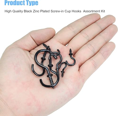Miniatura 5 de Ganchos de rosca para colgar, kit de 136 ganchos de taza de 7 tamaños, ganchos de taza chapados en zinc negro para el hogar, la oficina y el lugar