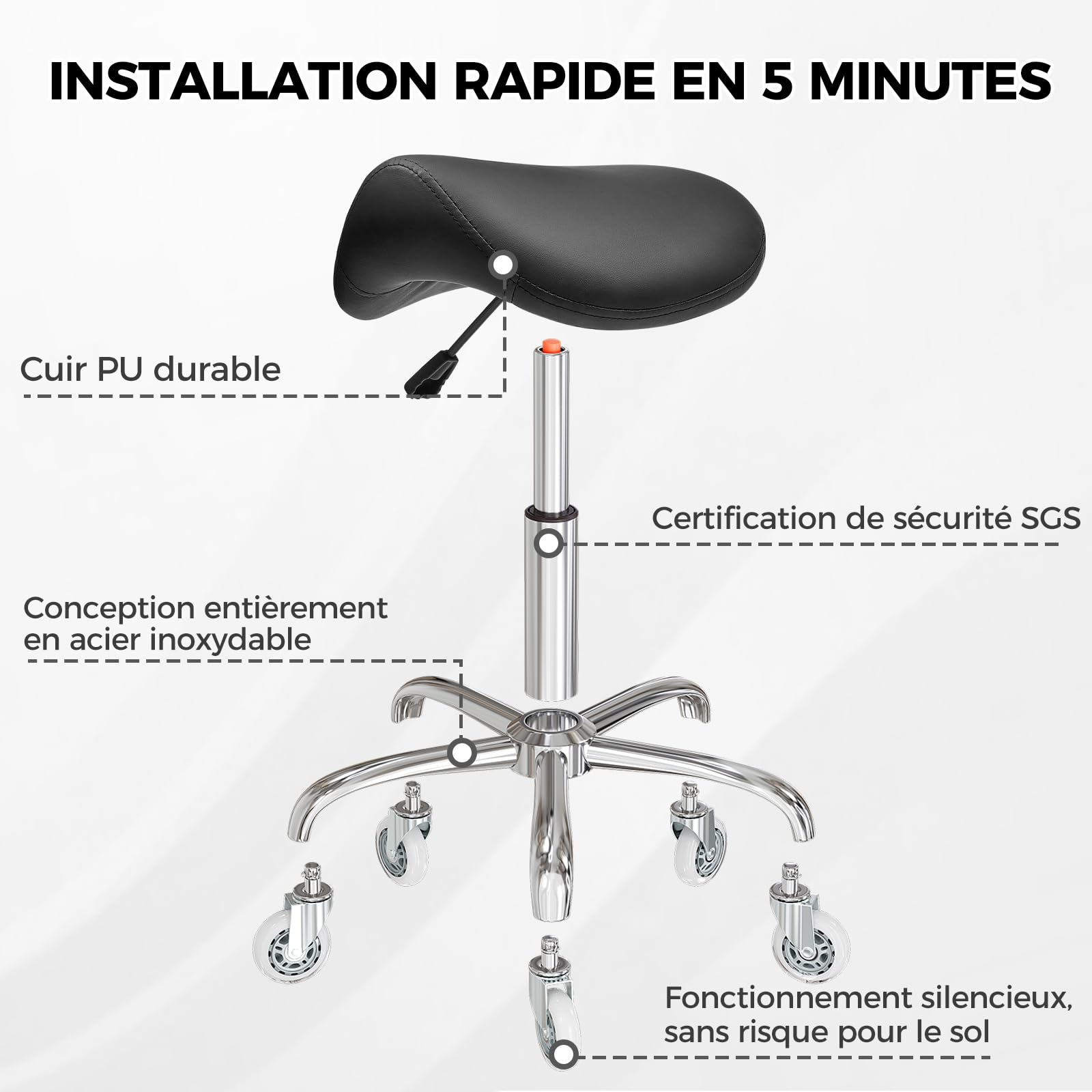 BEWISHOME Tabouret Selle de Cheval Ergonomique à Roulettes, Réglable Hauteur Hydraulique, Grand Coussin d'Assise Noir