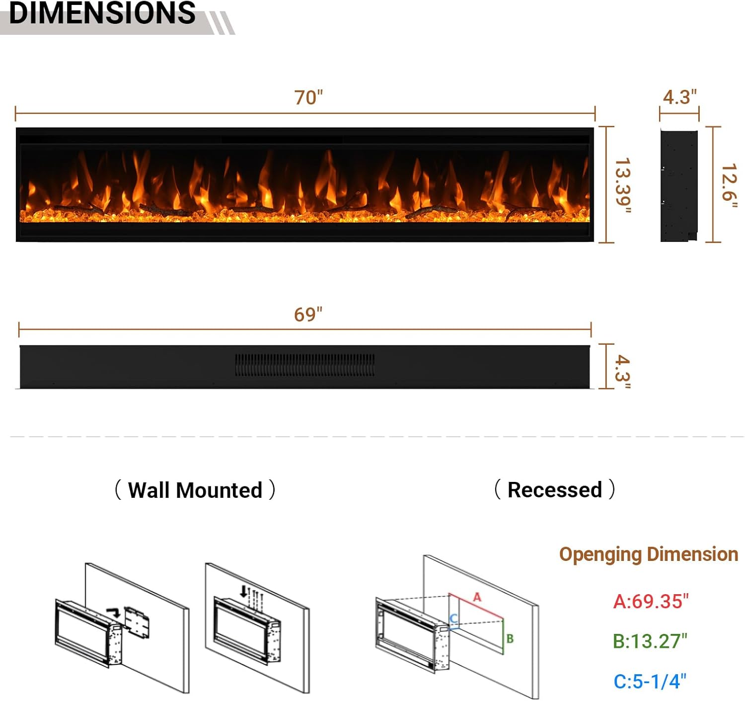 Diagram showing dimensions and installation methods for wall-mounted and recessed electric fireplace
