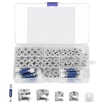 Swpeet 100Pcs 4 Sizes 3 in 1 Furniture Connecting Cam Lock Fittings Assortment Kit, Fastener Cabinet Connectors Hardware Bolts Furniture Connecting Lock Nut for Closets Bed Furniture Connecting