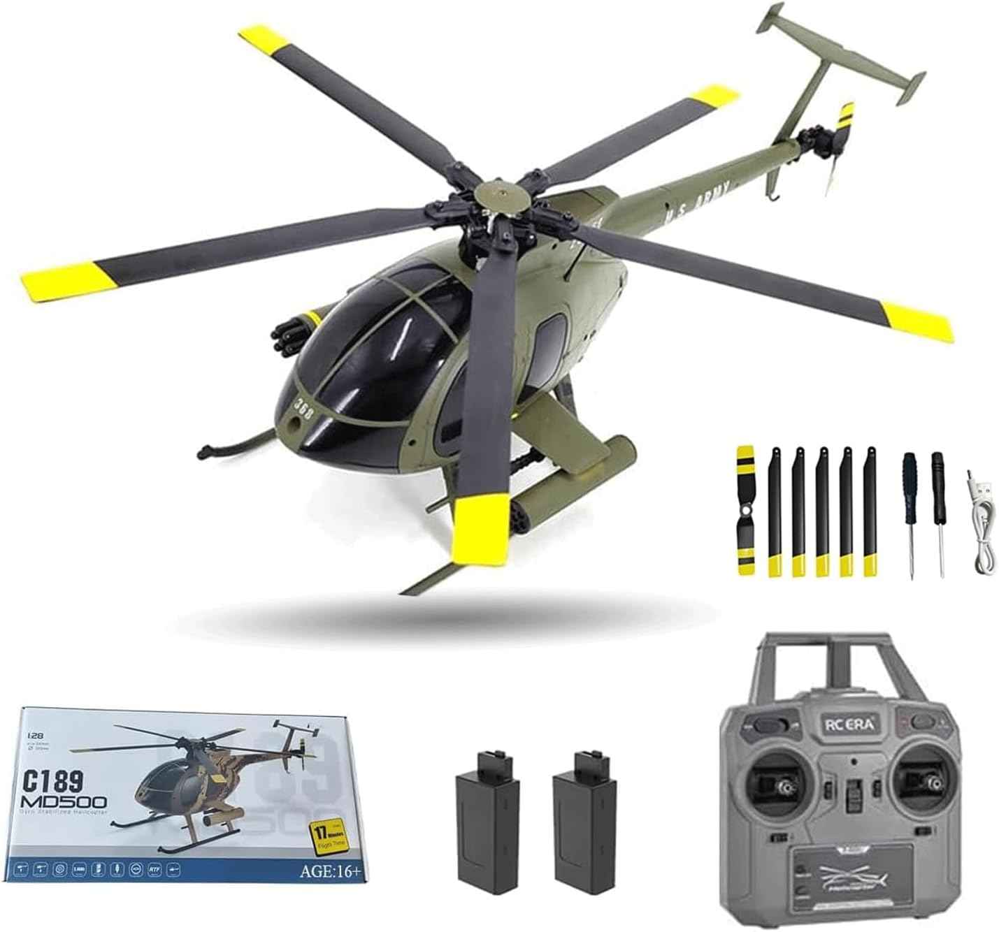 RC ERA C189 MD500 RC Helicopter for Adults, 1/28 Scale RTF Single-Rotor Helicopter 4CH 2.4GHz with 6-Axis Gyro & 3D Stunt & Brushless Motor & Optical Flow & One-Key Takeoff/Landing