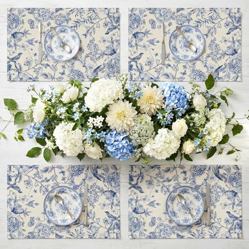 Hahafelt Blue Floral Summer Table Runner and Placemats Set of 7, 12" x 18" Blue and White Chinoiserie Place Mats 13" x 72" Flower Table Runner for Holiday Baby Shower Party Kitchen Dining Decoration by Hahafelt - Used condition - Image 5