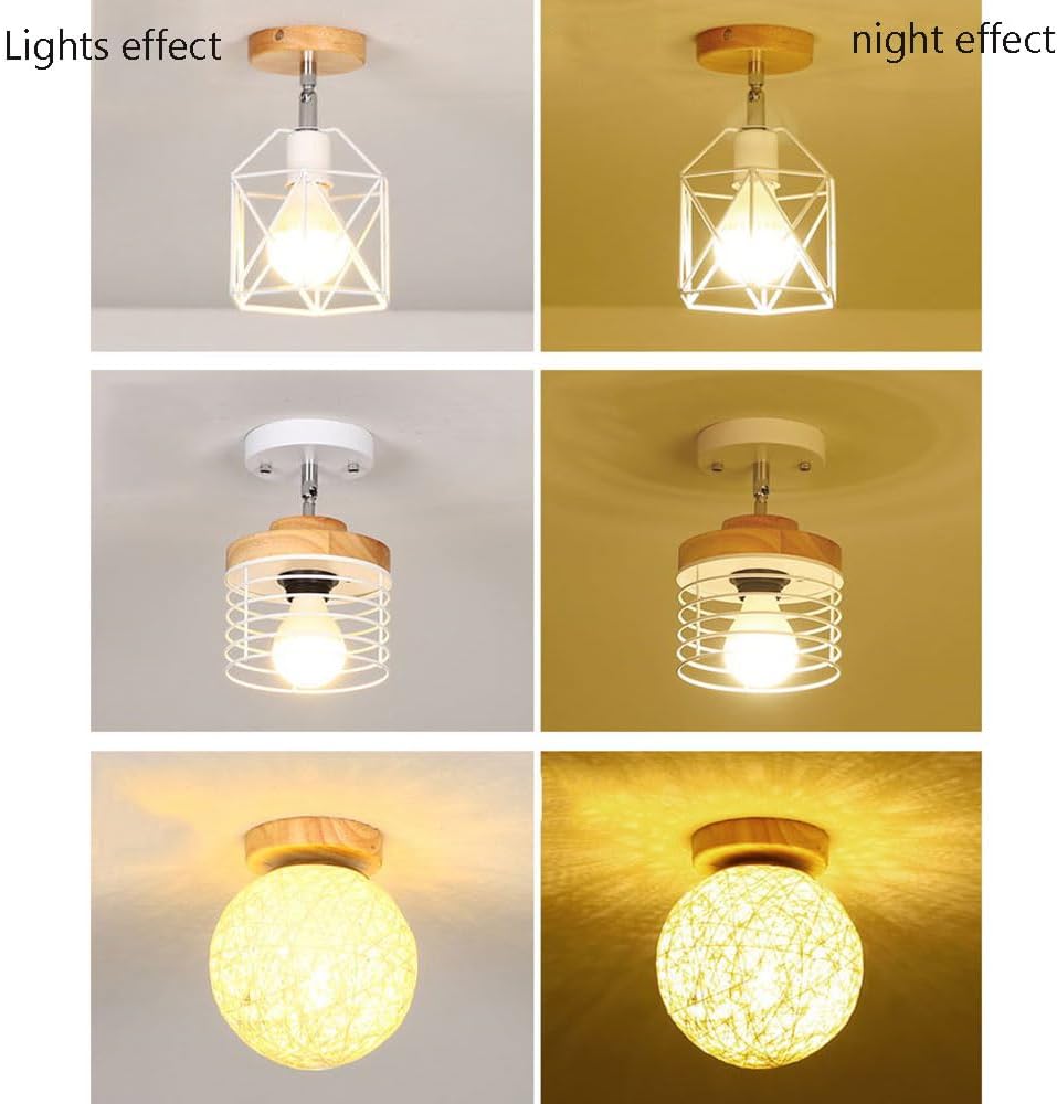 Beige Semi Flush Mount Ceiling Light Close to Ceiling Light Fixtures Wooden Ceiling Lamps Hand Woven Lampshades Easy to Install Lighting Fixture for Bedroom, Entryway, Corridor